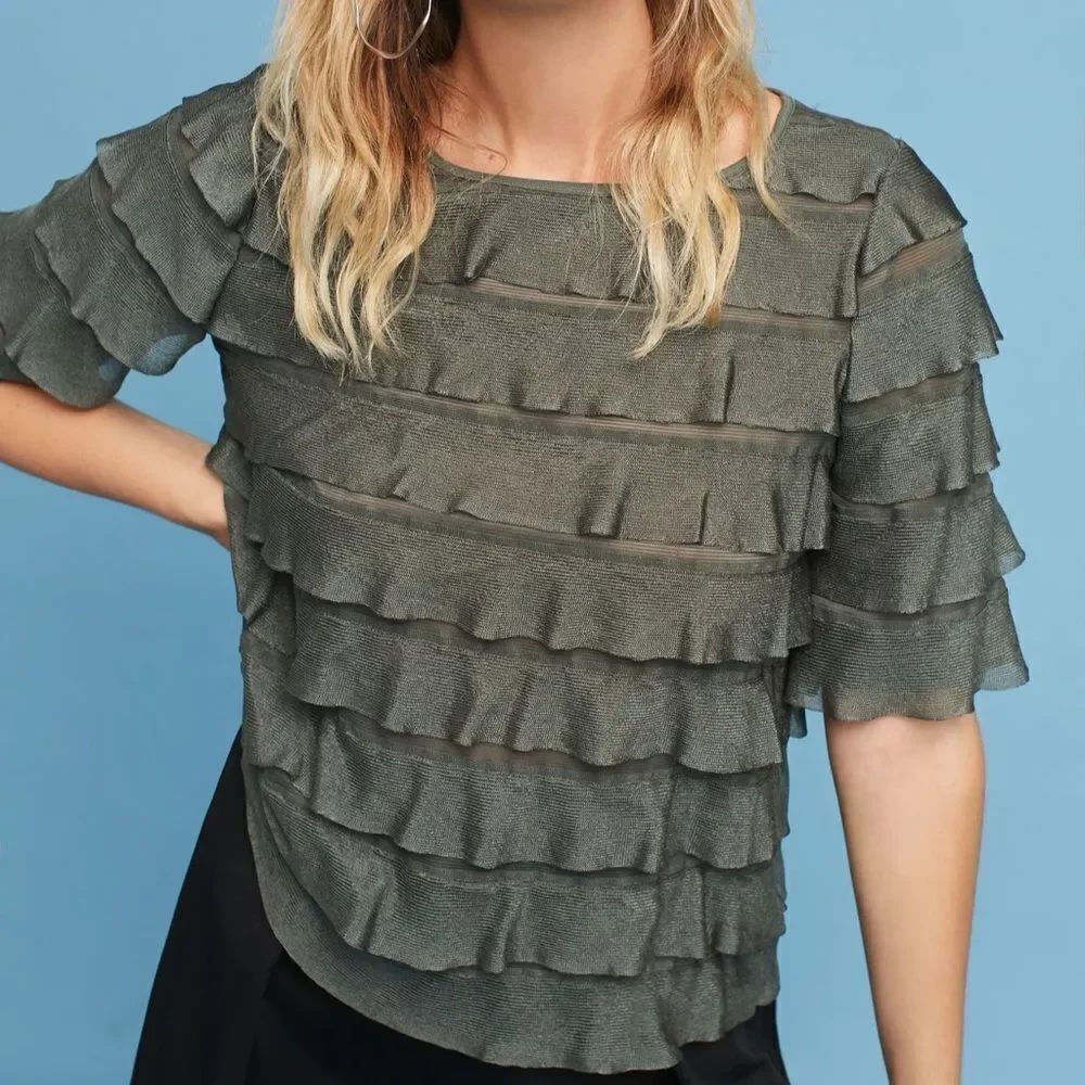 ANTHROPOLOGIE VANESSA VIRGINIA Ruffled Tiers Top Moss Women’s Size Small